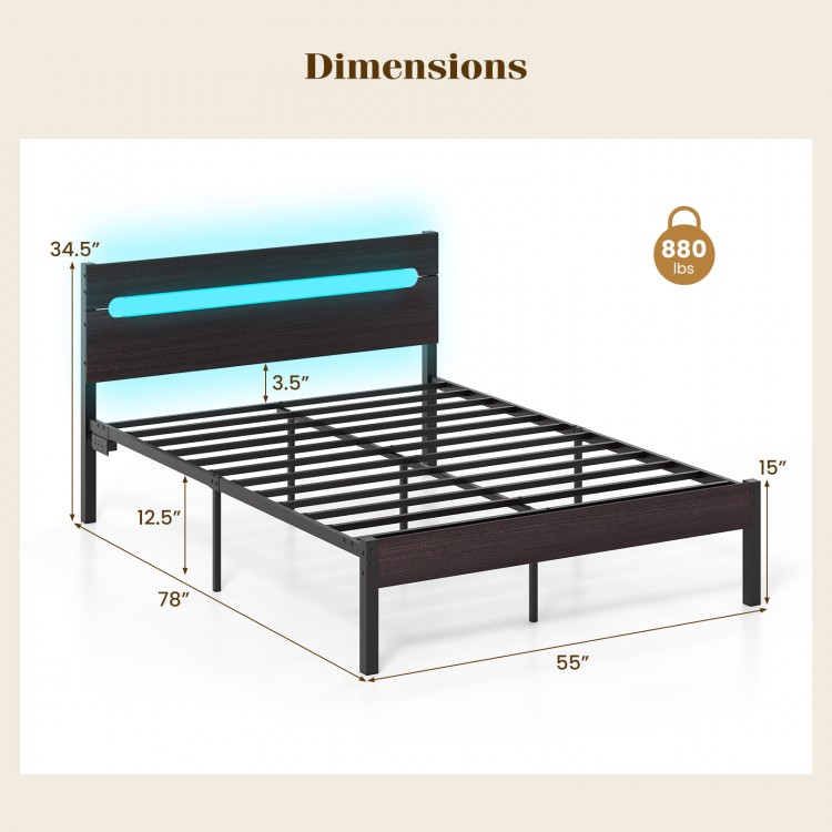 Heavy-duty metal bed platform with adjustable colors and built-in charging station, designed for full size mattresses.