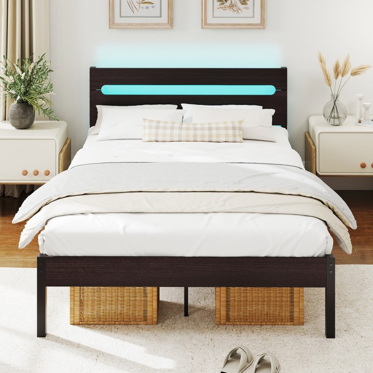 Heavy-duty metal slats bed platform in walnut finish with built-in charging station and adjustable LED headboard.
