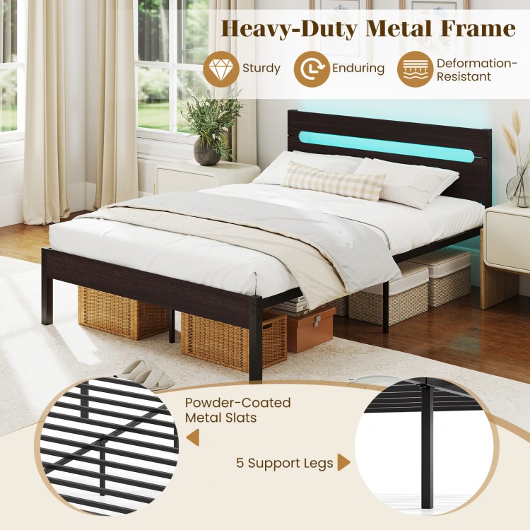 Heavy-duty metal bed platform with charging station, featuring powder-coated slats and 5 support legs for stability.