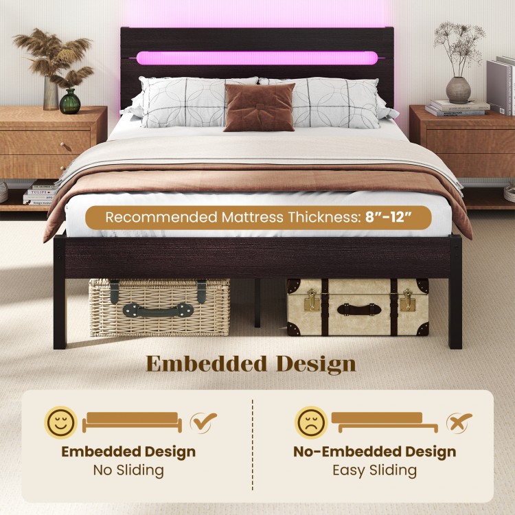 Heavy-duty metal slats bed platform with embedded design, suitable for 8"-10" mattresses, featuring a charging station.