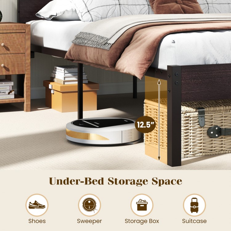 Heavy-duty metal slats bed platform with 12.5 inches under-bed clearance for storage and easy cleaning.