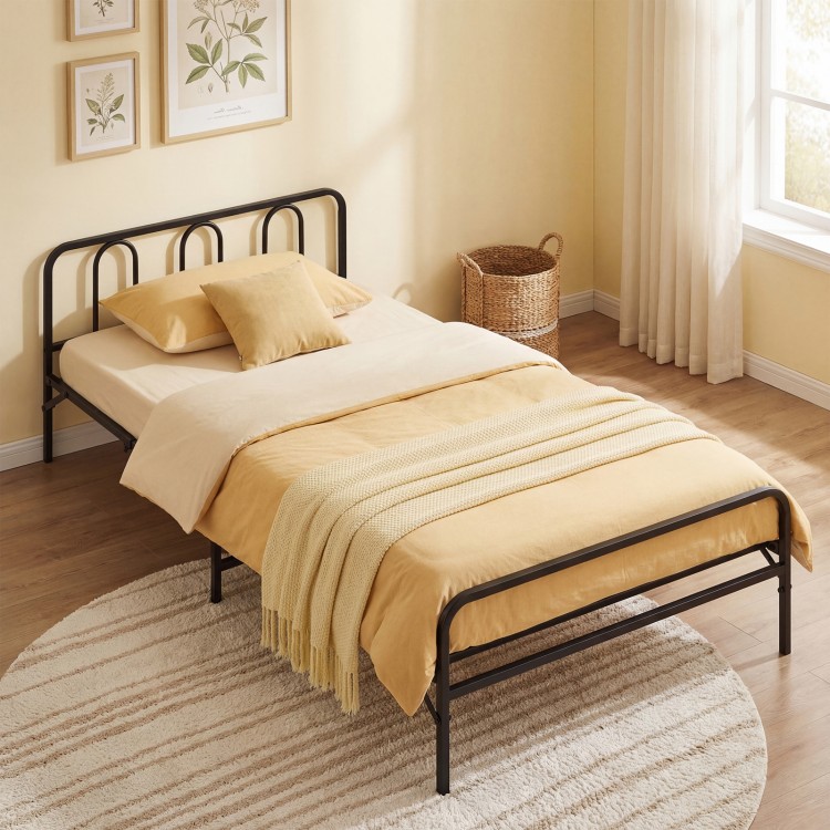 Twin foldable bed frame in black with arched headboard and footboard, ideal for space-saving bedroom storage.