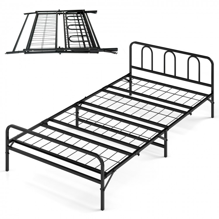 Foldable heavy-duty metal twin bed frame in black with headboard, footboard, and ample under-bed storage space.
