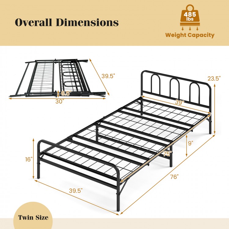 Twin size heavy-duty metal foldable bed frame in black with headboard and footboard, featuring ample under-bed storage.