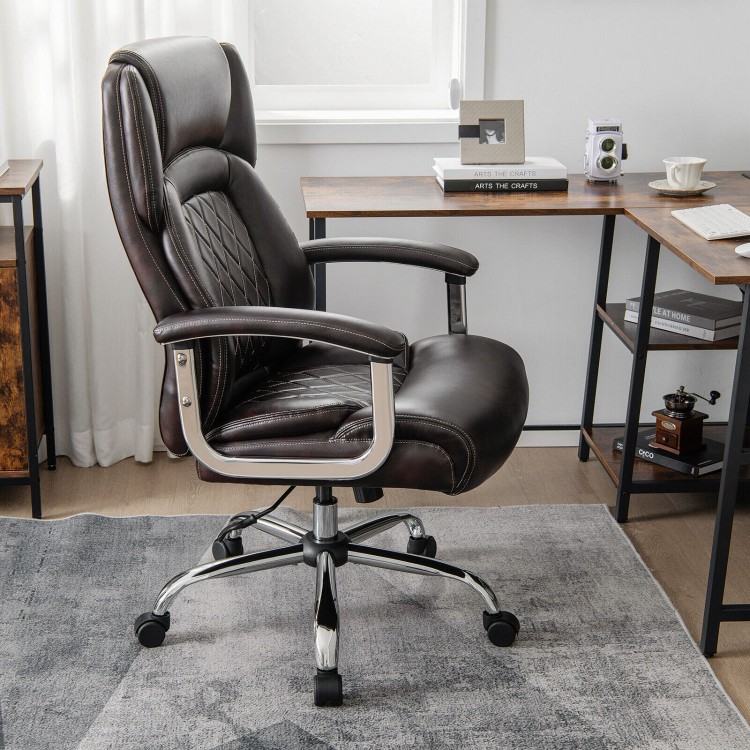 Height adjustable brown office chair with high backrest, integrated headrest, and metal base for comfort and support.