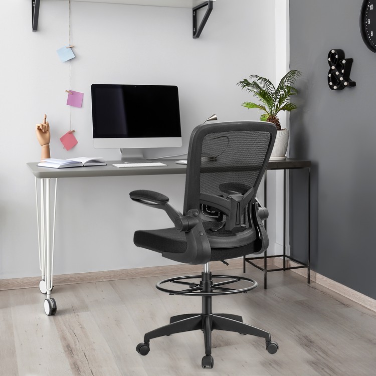 Height adjustable drafting chair in black with flip-up arms and ergonomic backrest, perfect for home office use.