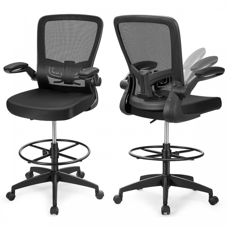 Height adjustable drafting chair in black showcasing a side view with flip-up arms and adjustable lumbar support for.