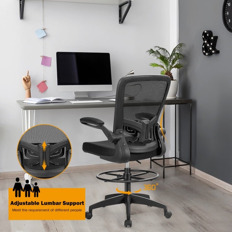 Height adjustable drafting chair with flip-up arms, ergonomic backrest, and adjustable lumbar support for comfort.