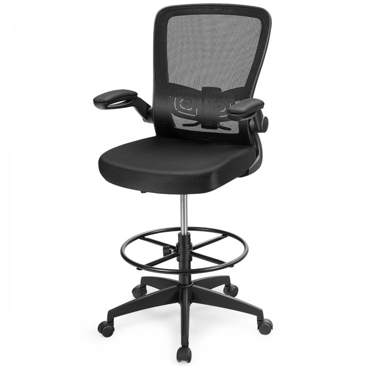 Height adjustable drafting chair with flip-up arms, ergonomic mesh backrest, and adjustable foot ring for comfort.