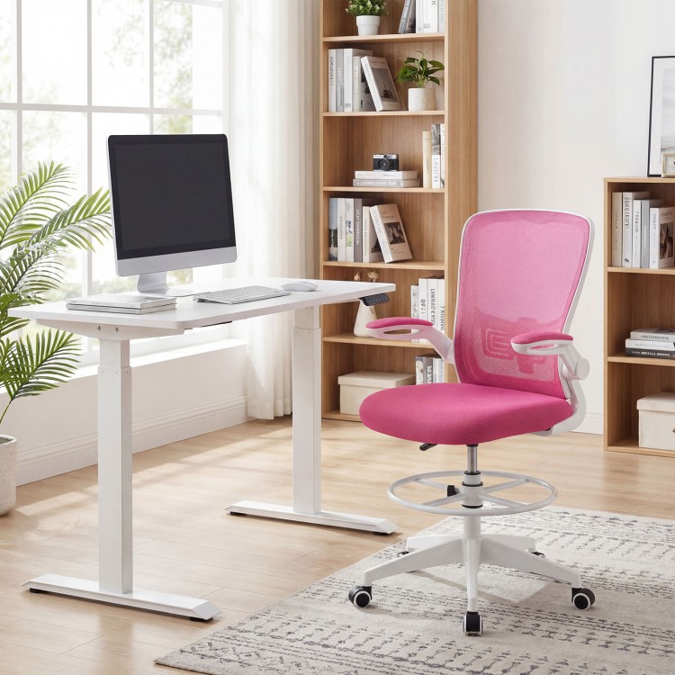 Height adjustable pink drafting chair with flip-up arms and ergonomic backrest, perfect for home office comfort.