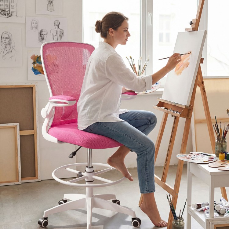 Height adjustable drafting chair in pink with flip-up arms, ergonomic backrest, and breathable mesh for home office use.