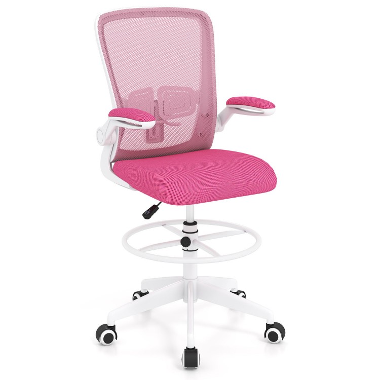 Height adjustable drafting chair in pink with flip-up arms and ergonomic backrest for home office comfort.