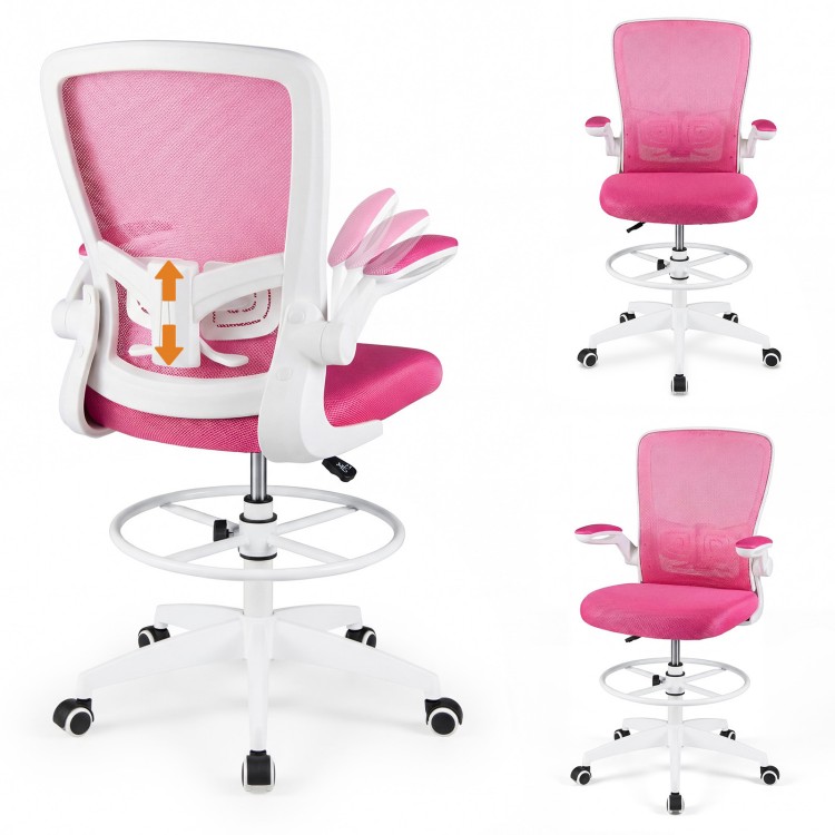 Height adjustable pink drafting chair with flip-up arms and ergonomic backrest, ideal for home office comfort.