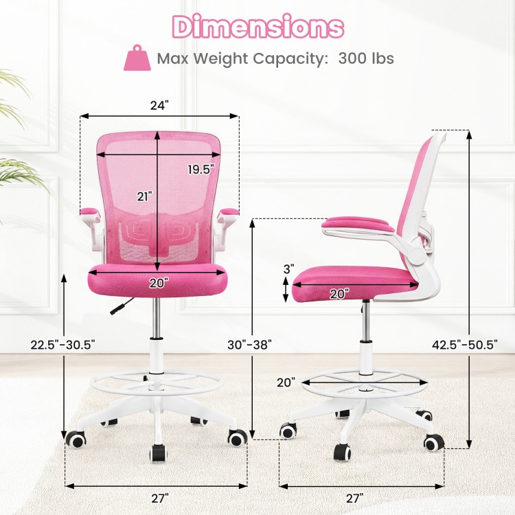 Height adjustable pink drafting chair with flip-up arms, ergonomic backrest, and adjustable foot ring for home office.