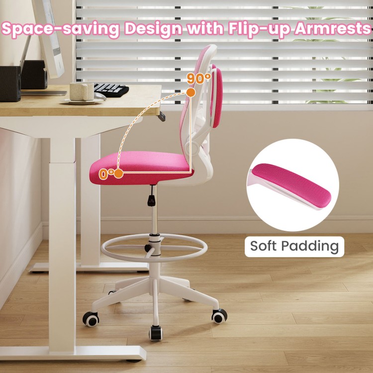Height adjustable drafting chair in pink with flip-up arms and ergonomic backrest, perfect for home office use.