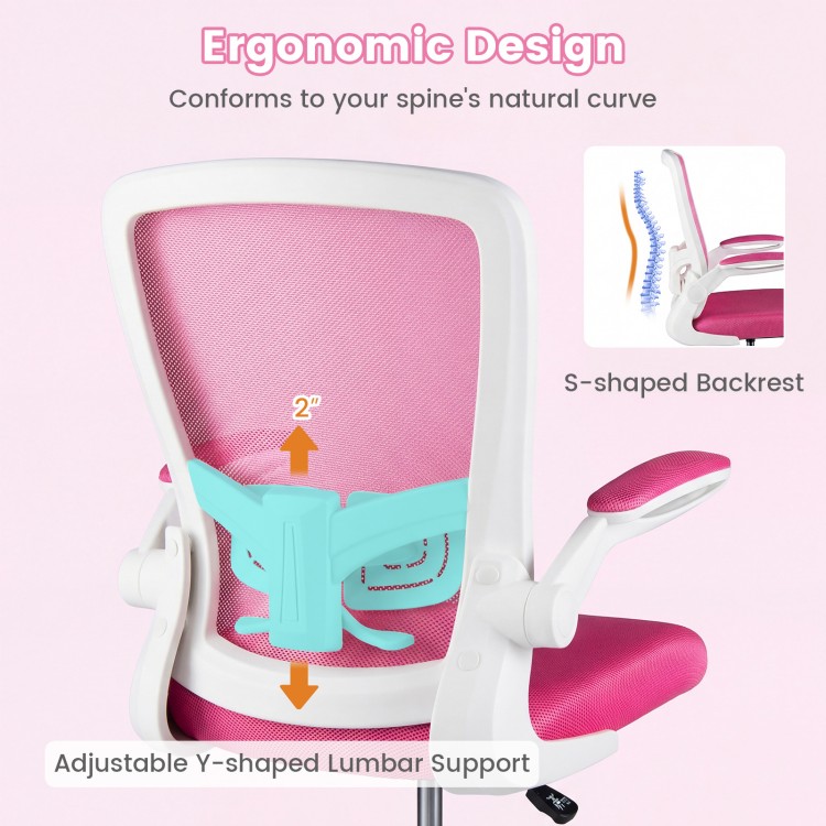 Height adjustable drafting chair with pink ergonomic backrest and adjustable Y-shaped lumbar support for home office.