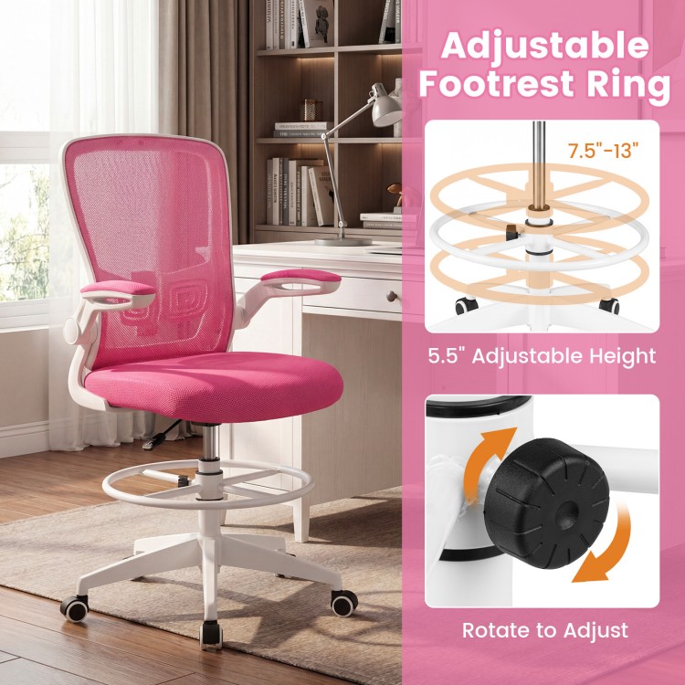 Height adjustable drafting chair in pink with flip-up arms and ergonomic backrest, perfect for home office comfort.