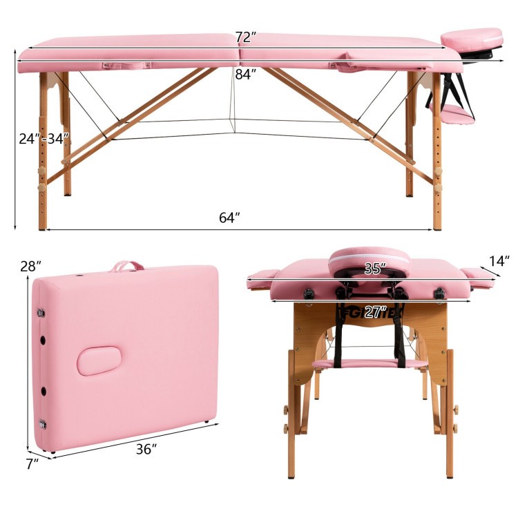 Height adjustable pink facial spa bed with foldable design, reinforced beech frame, and included headrest for comfort.