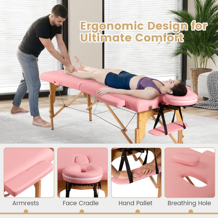 Height adjustable facial spa bed in pink with ergonomic design, armrests, and headrest for ultimate comfort and support.