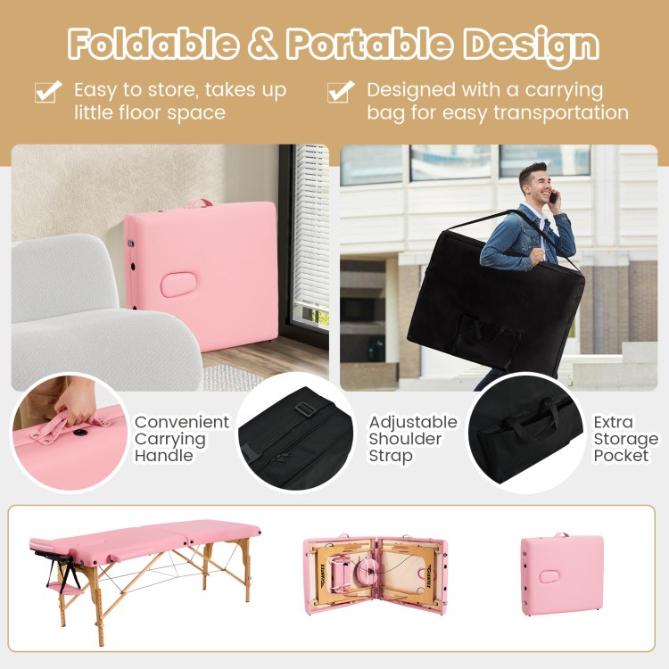 Height adjustable facial spa bed in pink, foldable with carrying handle, designed for easy transport and storage.