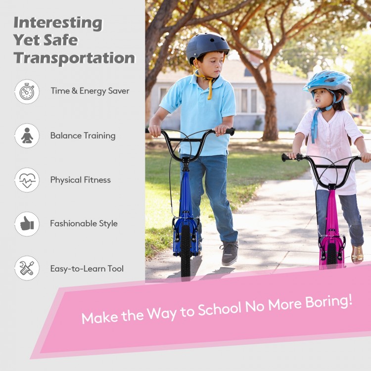 Height adjustable pink kid kick scooter with 12" air-filled wheels, perfect for stable riding and fun daily commutes.
