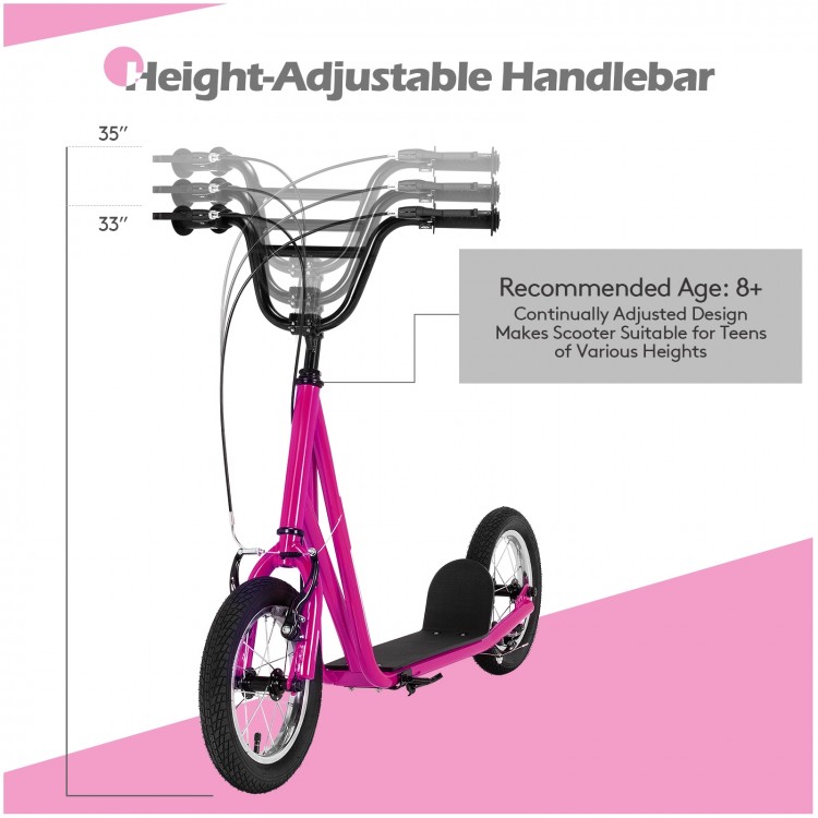 Height-adjustable pink kick scooter with 12" air-filled wheels, suitable for kids aged 8+, perfect for smooth rides.