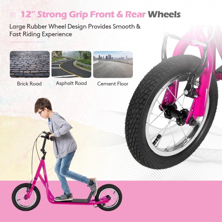 Height adjustable pink kid kick scooter with 12" air-filled wheels, designed for smooth riding on various surfaces.