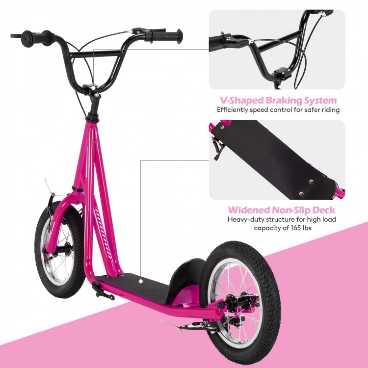 Height adjustable pink kick scooter with 12" air-filled wheels and non-slip deck, ideal for kids and youth up to 165.