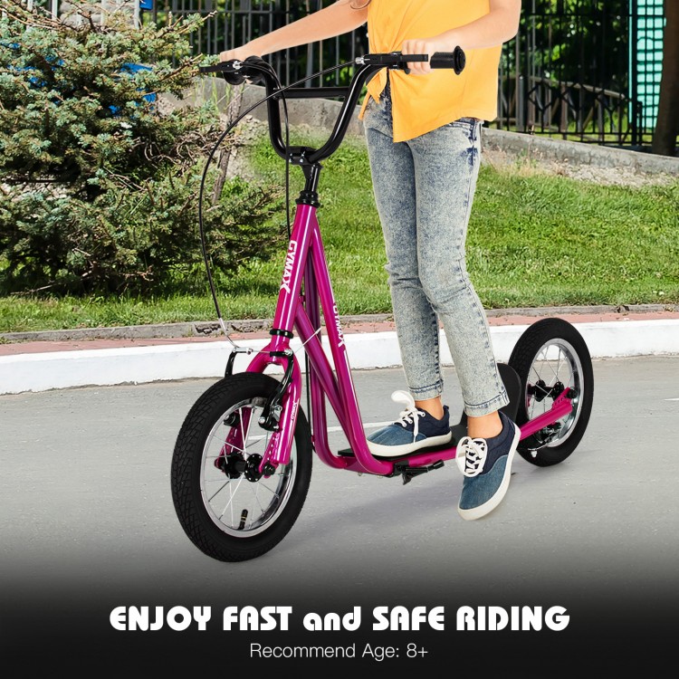 Height adjustable pink kick scooter with 12" air-filled wheels, designed for kids aged 8+, perfect for smooth riding.