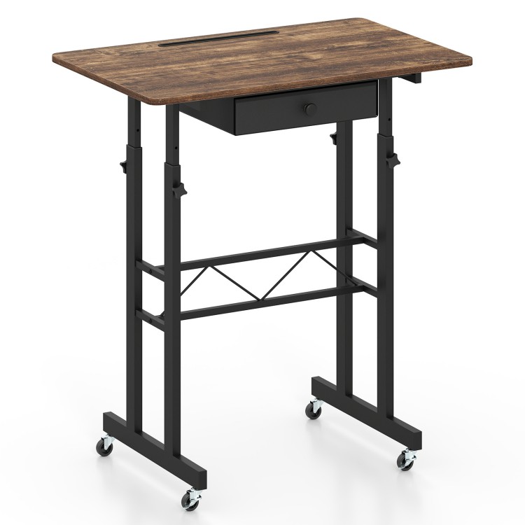 Height adjustable laptop desk in rustic brown with a fabric drawer, recessed tablet holder, and lockable wheels for mobility.