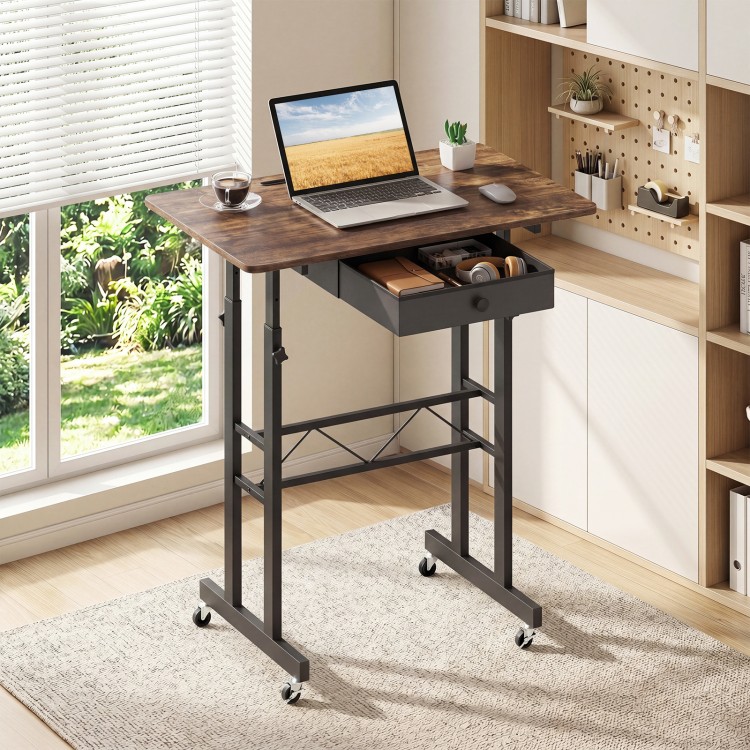Height adjustable laptop desk in rustic brown with a fabric drawer, tablet holder, and lockable wheels for versatile workspace.