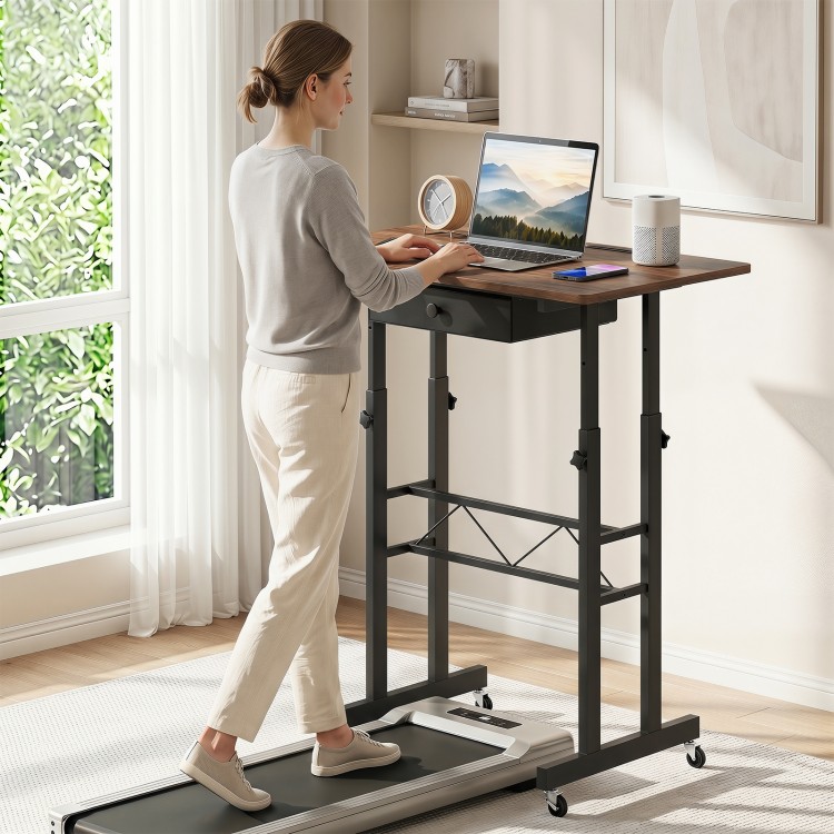 Height adjustable laptop desk in rustic brown with a fabric drawer, ideal for switching between sitting and standing.