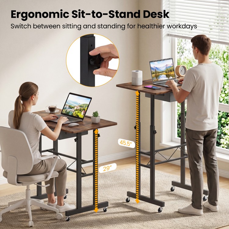 Height adjustable laptop desk in rustic brown with fabric drawer, lockable wheels, and ergonomic sit-to-stand design.