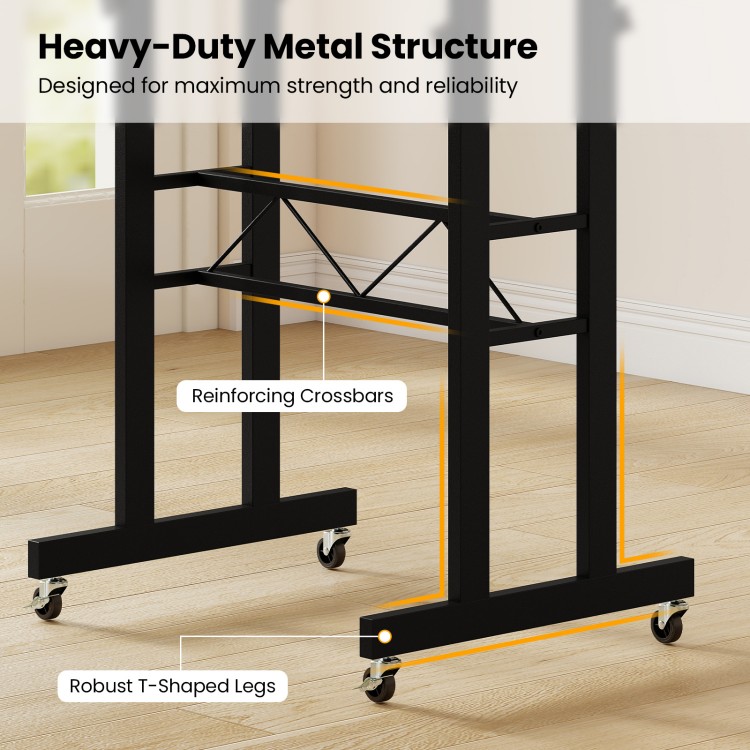 Heavy-duty metal structure of the height adjustable laptop desk features reinforcing crossbars and robust T-shaped legs.