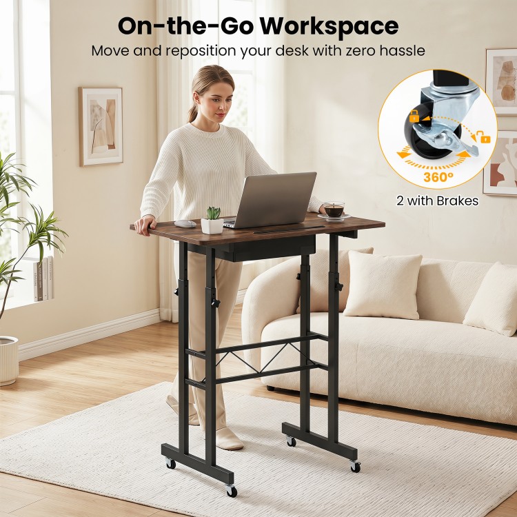 Height adjustable laptop desk in rustic brown with lockable wheels, fabric drawer, and tablet holder for versatile workspace.
