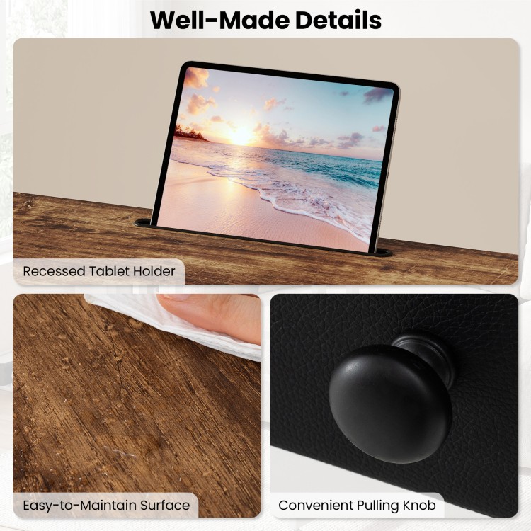 Height adjustable laptop desk in rustic brown with a recessed tablet holder and easy-to-maintain surface for versatile use.