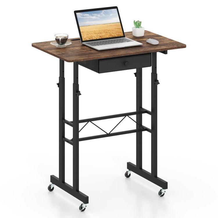 Height adjustable laptop desk in rustic brown featuring a convenient pulling knob and universal wheels for mobility and ease.