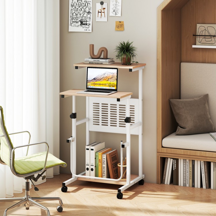 Height adjustable mobile computer stand-up desk with two modes, featuring a compact design and universal wheels for.