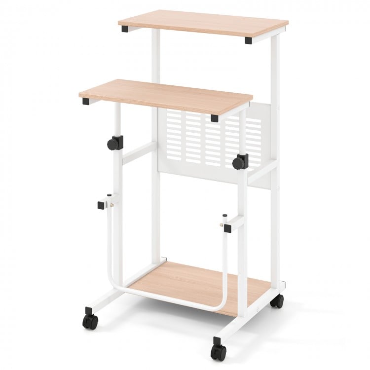 Height adjustable mobile computer stand-up desk showcasing a lightweight frame and two shelves for versatile use and.