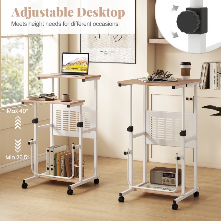 Height adjustable mobile computer stand-up desk with wheels, featuring a compact design and ergonomic footrest for.