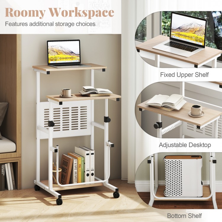 Height adjustable mobile computer stand-up desk with two modes, featuring a fixed upper shelf and bottom storage for.