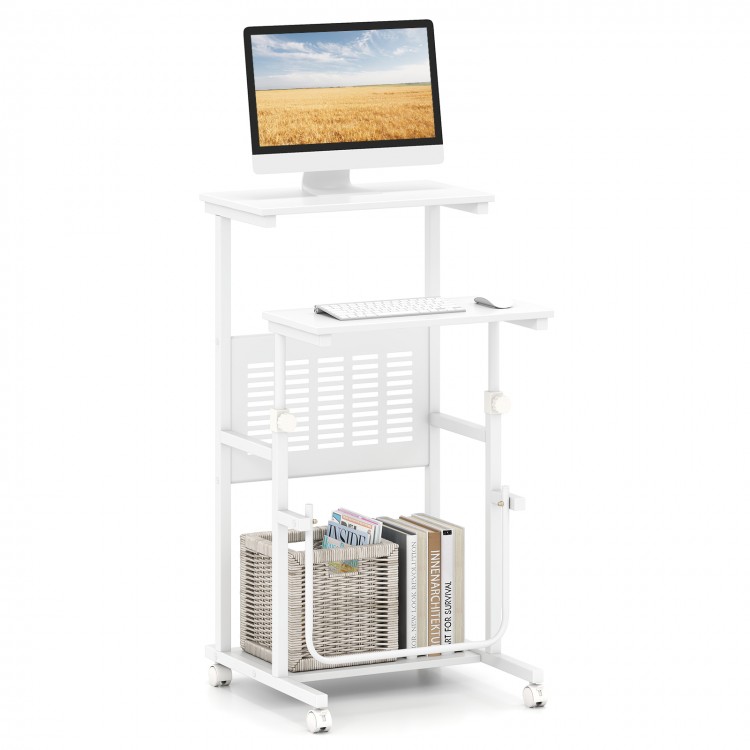 Height adjustable mobile computer stand-up desk in white with wheels, bottom shelf, and ergonomic footrest for.