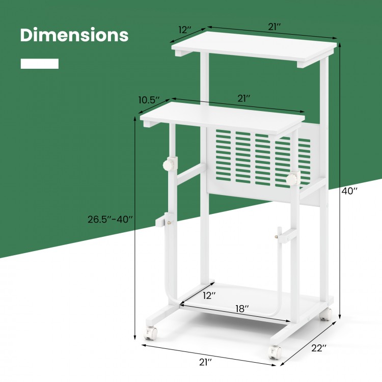 Height adjustable mobile computer stand-up desk dimensions with two modes, featuring a compact design and storage shelf.