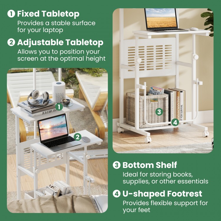 Height adjustable mobile computer stand-up desk in white with fixed tabletop, bottom shelf, and ergonomic footrest for.