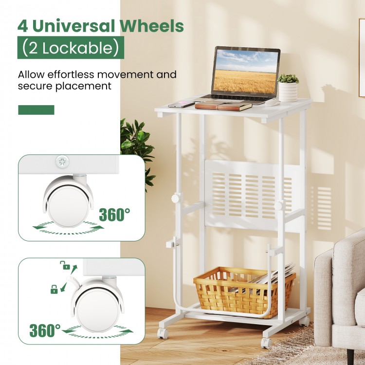 Height adjustable mobile computer stand-up desk in white with universal wheels for easy movement and ergonomic design.