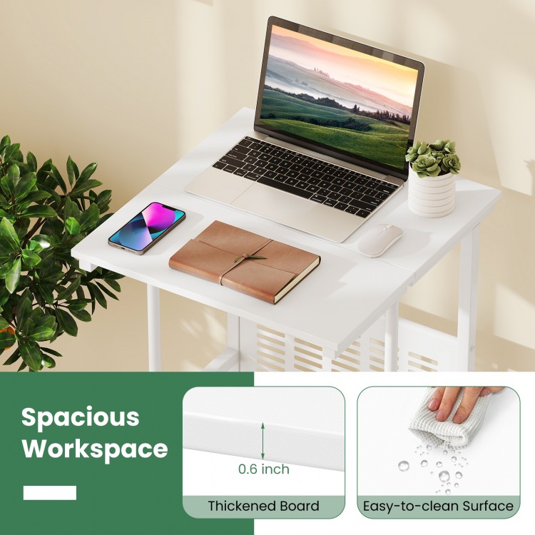 Height adjustable mobile computer desk in white with thickened board, easy-to-clean surface, ideal for small spaces.