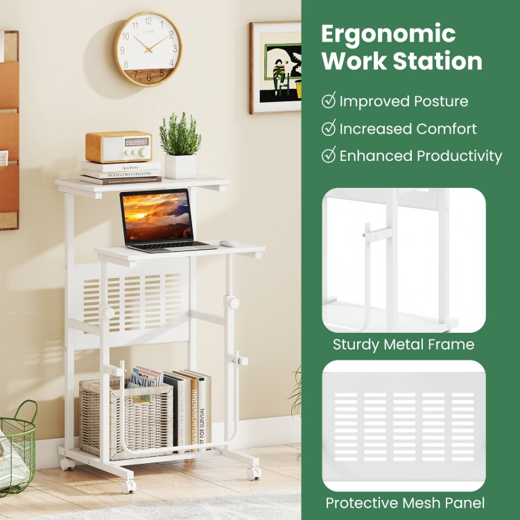 Height adjustable mobile computer stand-up desk in white with sturdy metal frame and bottom storage shelf for versatile.