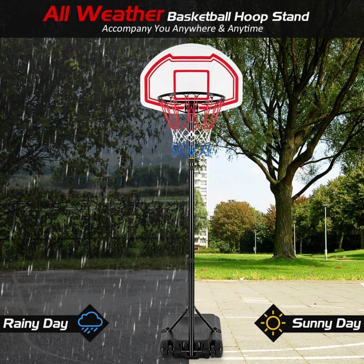 Height adjustable basketball hoop with shatterproof backboard and fillable base, designed for all-weather use.