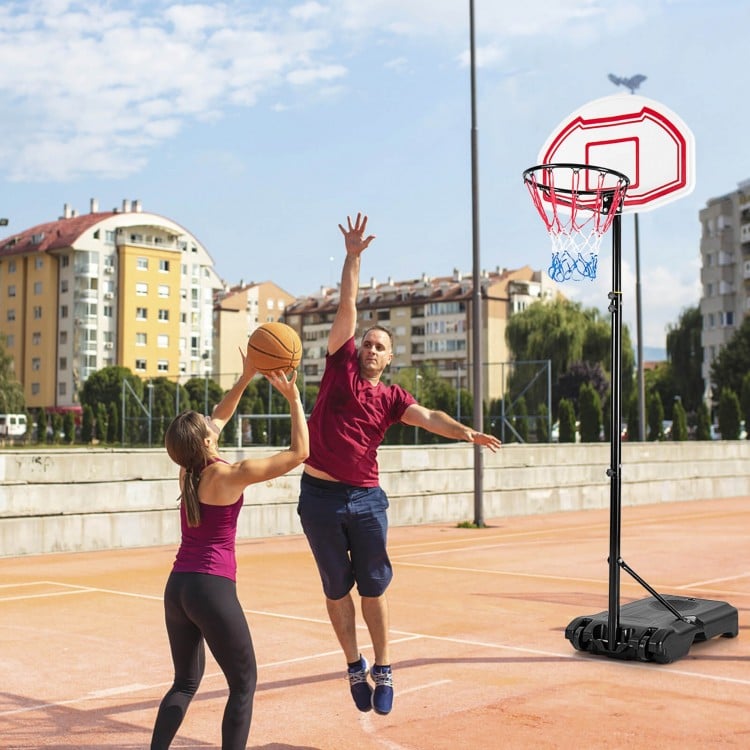 Height adjustable basketball hoop with shatterproof backboard and fillable base, ideal for outdoor play and stability.