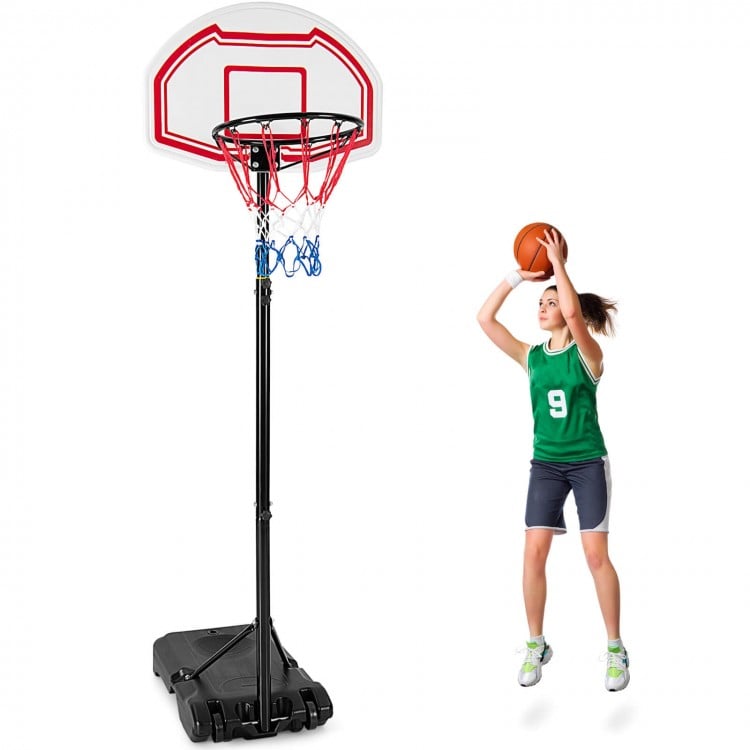 Height adjustable basketball hoop with a player shooting, featuring a fillable base and two high-quality nets for.